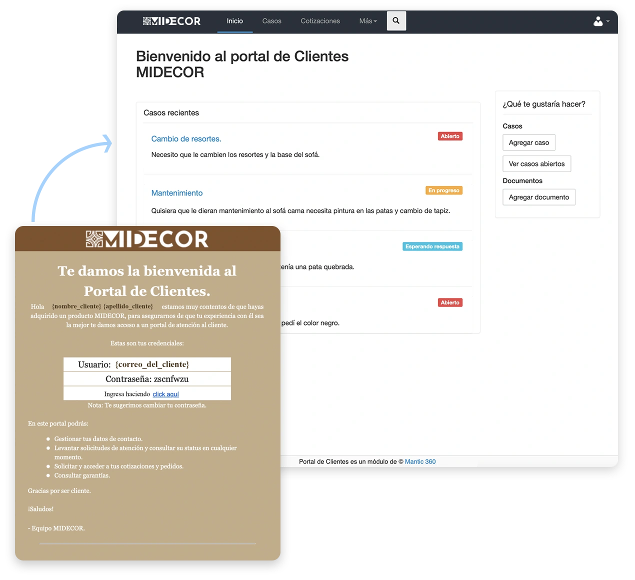 Ejemplo visual del Portal de Clientes y un mail de bienvenida para clientes.