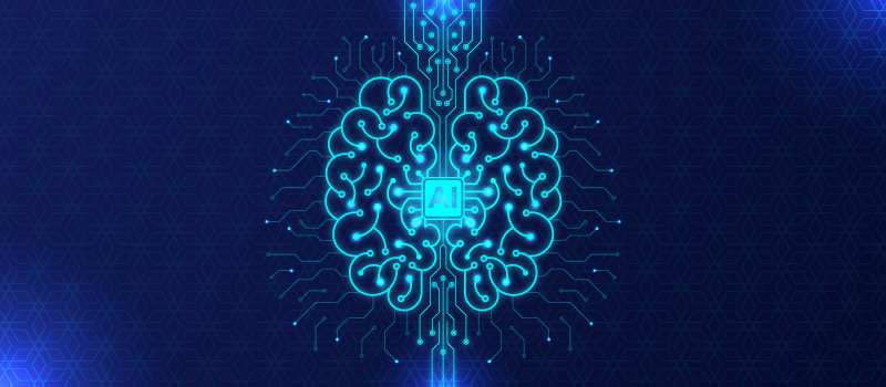 Representación gráfica de unos circuitos con forma de cerebro y el texto "IA" en medio.